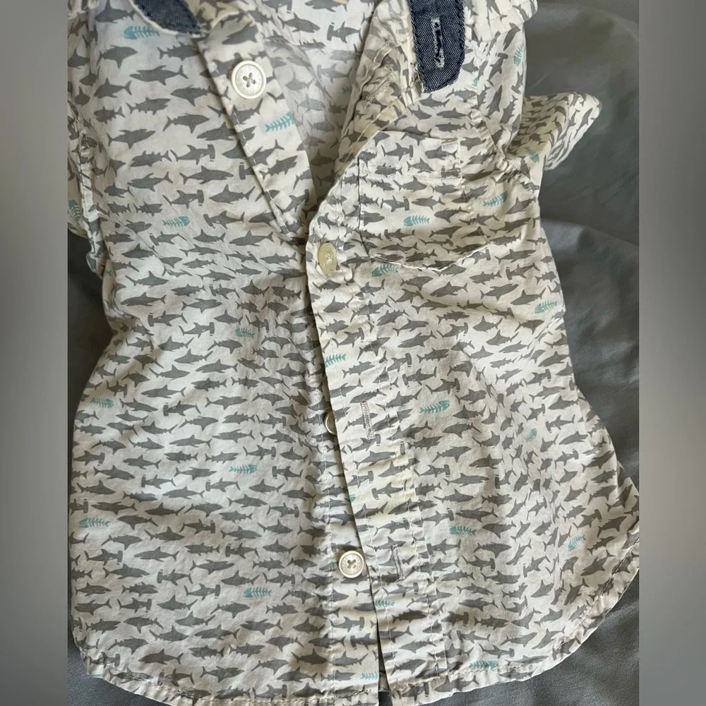 12mo Set of 3 short button t-shirts, romper, long sleeve onesie - plaid & sea